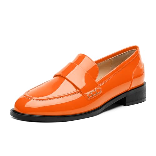 NUMALEO Damen Loafers Penny Loafers & Slip-ons Flats Geschlossene Runde Zehen Niedriger Absatz Schuhe 2,5 cm Lack Mode Freizeitschuhe Bequeme Arbeit Büro Flache Elegante Schuhe, Orange/Abendrot im von NUMALEO