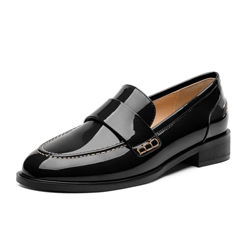 NUMALEO Damen Loafers Penny Loafers & Slip-ons Flats Geschlossene Runde Zehen Niedriger Absatz Schuhe 2,5 cm Lack Mode Freizeitschuhe Bequeme Arbeit Büro Flache Elegante Schuhe, Schwarz, 37.5 EU von NUMALEO