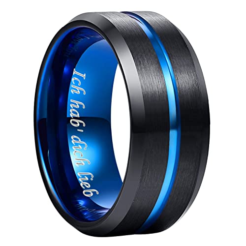 NUNCAD 10mm Herren Schwarze Ringe Wolfram Ehering mit Blue Rille Unisex Ring für Partner Freundschaftsring Größe 77 (24.5) von NUNCAD
