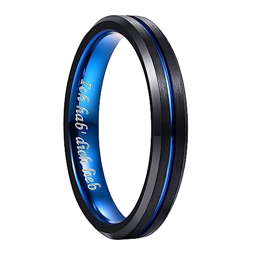 NUNCAD 4mm Ringe Damen Herren aus Wolfram Schwarz Blau Unisex Partner Ring Mode Schmuck für Hochzeit Verlobung Freundschaftsring Größe 49.3 von NUNCAD