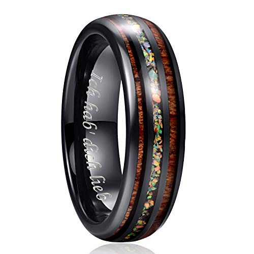 NUNCAD 6mm Feuer Opal Ring für Männer Damen Schwarz Wolframcarbid Unisex Partner Ring mit Koa Holz Graviert mit Ich hab' Dich lieb Größee 61 (19.4) von NUNCAD