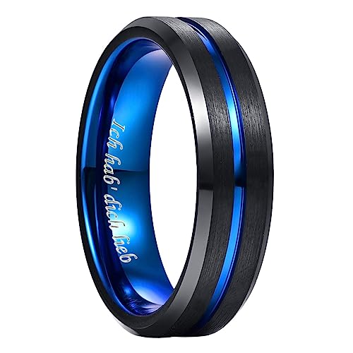 NUNCAD 6mm Herren Damen Schwarzer Wolfram Ring mit Blau Rille Freundschaftsring Verlobungsringe für Partner Größe 70 (22.3) von NUNCAD