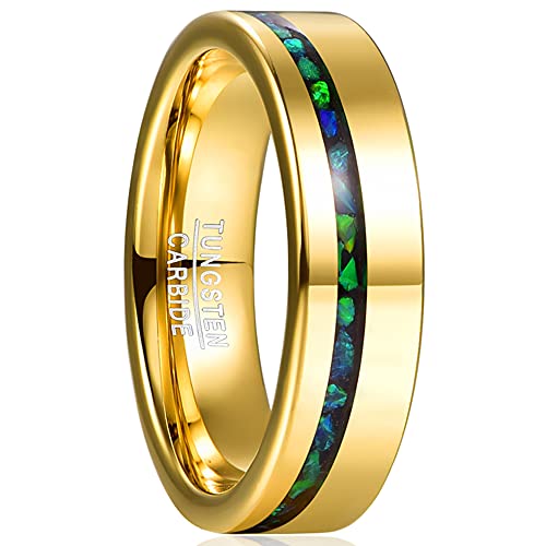 NUNCAD 6mm Ring Damen Vergoldet aus Wolframcarbid Unisex Partner Ring mit Grüner Opal Stein Inlay Poliertes Finish Größe 52 von NUNCAD