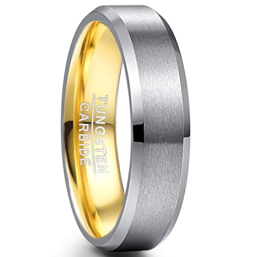 NUNCAD 6mm Ring Herren Damen Wolframring Silber Gold Verlobungsringe Paar Gebürstet Abgeschrägte Kante Größe 54.4 (17.3) von NUNCAD