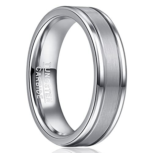 NUNCAD 6mm Ring für Herren Wolfram Ringe Silber Verlobungsring Gebürstet Feine Rillen Mode Schmuck Geschenk zum Geburtstag Größe 60 (19.1) von NUNCAD