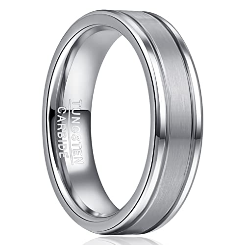 NUNCAD Ring für Männer Wolfram Ringe Silber Verlobungsring Paar Mode Schmuck für Herren Damen 6mm Gebürstet Feine Rillen Polierte Kanten Größe 67.2 (21.4) von NUNCAD