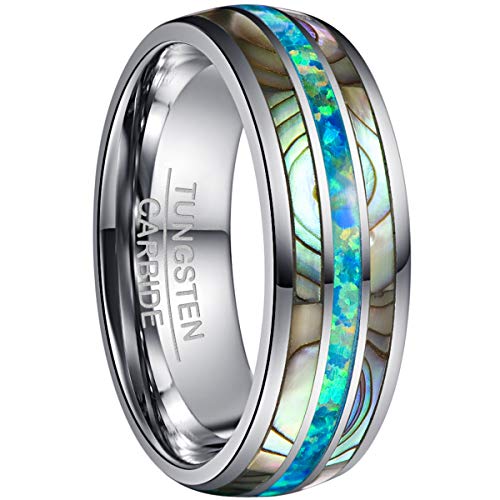 NUNCAD Unisex Ring aus Wolfram mit Opal und Bunt Abalone Muschel Inlay Silber 8mm Hochzeitsband für Männer Frauen Größe 57.0 (18.1) von NUNCAD