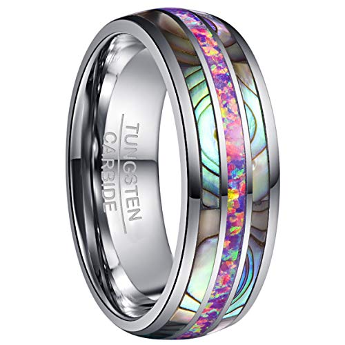 NUNCAD Partnerring mit Opal Lila und Abalone Muschel Herren Damen Unisex Ringe 8mm aus Wolfram Ehering Verlobungsring für Männer Frauen Größe 57.0 (18.1) von NUNCAD