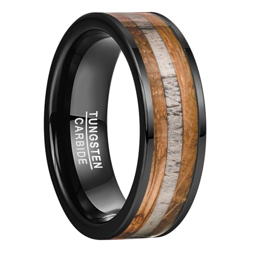 NUNCAD Ringe Herren 8mm Schwarzer Wolfram Ring mit Whiskeyfass Holz Hirschgeweih Eheringe Herrenring mit Holzeinlage für Hochzeit, Verlobung, Versprechen, Größe 62(19.7) von NUNCAD