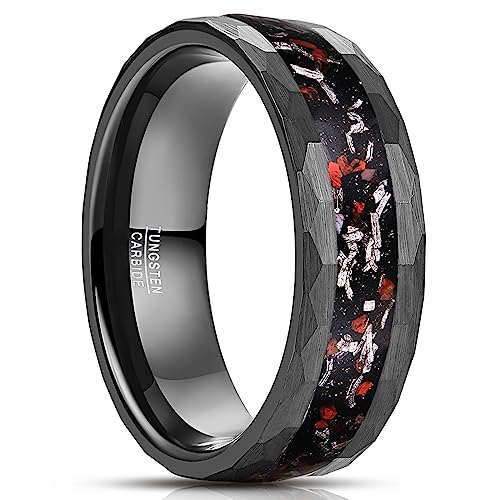 NUNCAD Ring Schwarz Herren 8mm Wolfram Ring mit Meteorit und Dinosaurier Knochen Gehämmerter Eheringe für Männer Größe 62(19.7) von NUNCAD