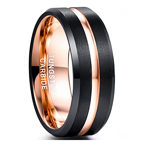 NUNCAD Ring Herren Damen Schwarz Rosegold Wolframcarbid Partnerringe mit Rosegoldener Rille 8mm Matt Hochzeitsring Verlobungsring Freundschaftsring Größe 57 von NUNCAD