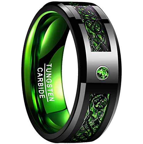 NUNCAD Damen Herren Ring aus Wolfram mit Zirkonia und Kohlefasern Schwarz + Grün 8mm für Lifestyle Fashion Verlobung Hobby Größe 63.4 (20.2) von NUNCAD