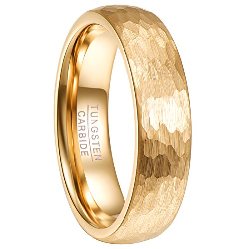 NUNCAD Damen Mädchen Paare Ring Gold 6mm aus Wolfram mit Gehämmertem Design für Hochzeit Verlobung Jahrestag Alltag Größe 57 (18.1) von NUNCAD