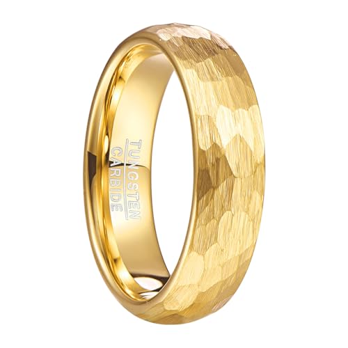 NUNCAD Ringe Gold Damen 6mm Wolfram Ring Facettiert Eheringe für Frauen Gehämmerte Paarring für Hochzeit, Versprechen, Alltag, Größe 57(18.1) von NUNCAD