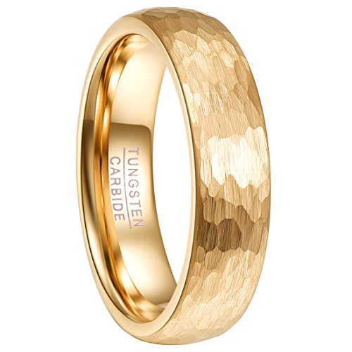 NUNCAD Damen Mädchen Paare Ring Gold 6mm aus Wolfram mit Gehämmertem Design für Hochzeit Verlobung Jahrestag Alltag Größe 67.2 (21.4) von NUNCAD
