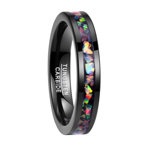 NUNCAD Damen Ring Schwarz mit Zerkleinerte Feueropal Mehrfarbig Wolframcarbid Ring 4mm Breit für Hochzeit Verlobung Valentinstag Größe 47 (15.0) von NUNCAD