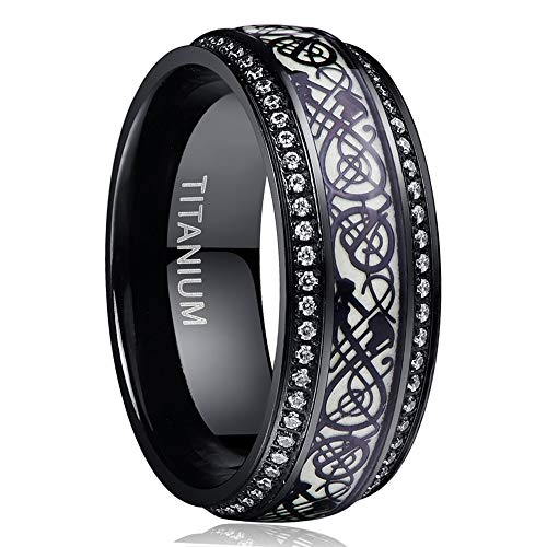 NUNCAD Herren Damen Partner Ring aus Titanstahl 316L Leuchtbar Schwarz 8mm mit Zirkonia und Keltischen Drachen für Fasching Hobby Hochzeit Alltag Valentinstag Verlobung Größe 67.2 von NUNCAD