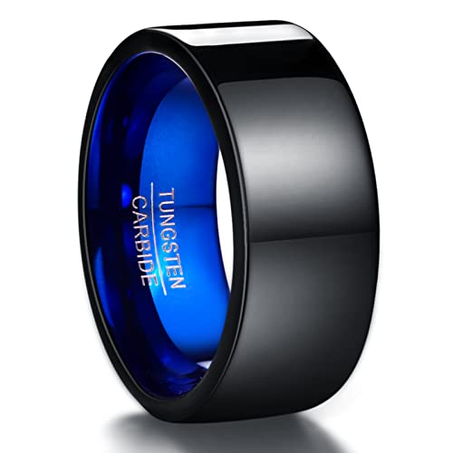 NUNCAD Herren Damen Partner Ring aus Wolfram Außen Schwarz + Innen Blau 10mm Poliert für Fashion Lifestyle Freizeit Geburtstag Größe 60 von NUNCAD