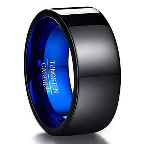 NUNCAD Herren Damen Partner Ring aus Wolfram Schwarz + Blau 10mm Breit Poliert für Men Fashion Geburtstag Lifestyle Lobby Freizeit Größe 70 von NUNCAD