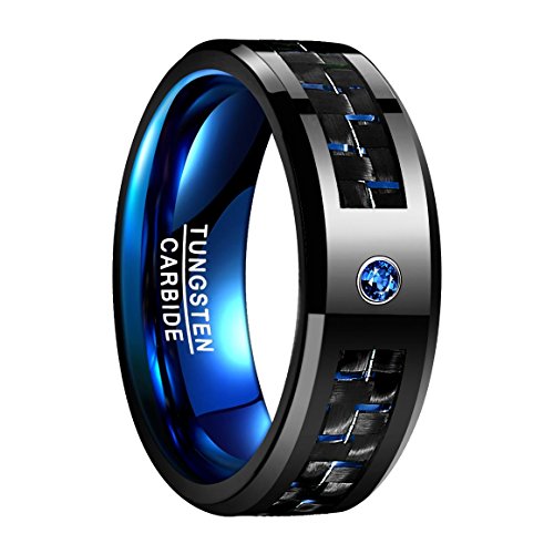 NUNCAD Herren Damen Ring Wolfram mit Blauem Zirkonia + Schwarzen Blauen Kohlefasern Größe 70 von NUNCAD