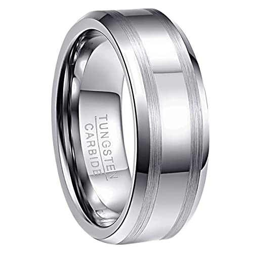 NUNCAD Herren Damen Unisex Ring aus Wolfram 8mm Silber mit 2 Gebürsteten Streifen für Hochzeit Geburtstag Valentinstag Alltag Größe 68.5 von NUNCAD