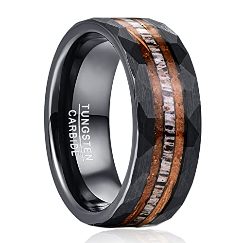 NUNCAD Holz Ring Herren Schwarz Wolfram Ring Hammered 8mm Breit Verlobungsringe mit Elchgeweih Gebürsteter Fläche Größe 65 (20.7) von NUNCAD