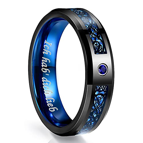 NUNCAD Mode Ring Keltischer Drache Schwarz Blau aus Wolfram Breite 6mm Herren Damen Unisex Ringe Partnerringe Verlobungsring Größe 57 von NUNCAD