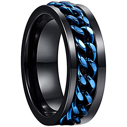 NUNCAD Damen/Herren Schwarz Ringe mit Blau drehbare Ketten Inlay Spinner Ringe aus Wolfram als Partnerring Hochzeitsring Verlobungsringe Größe 60.0 (19.1) von NUNCAD
