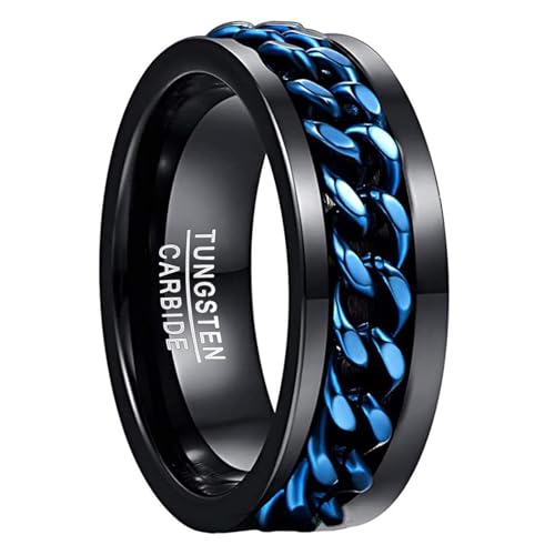NUNCAD Damen/Herren Schwarz Ringe mit Blau drehbare Ketten Inlay Spinner Ringe aus Wolfram als Partnerring Hochzeitsring Verlobungsringe Größe 60.0 (19.1) von NUNCAD