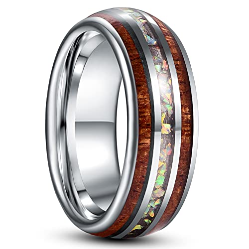 NUNCAD Partnerring mit Opal Inlay Hawaii Koa Holzring für Männer Frauen Silber 8mm Verlobungsring Größe 66 von NUNCAD