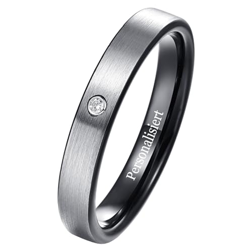 NUNCAD Personalisiert 4mm Wolfram Ring Damen Einfache Eheringe mit Zirkon Schwarz Grau Zweifarbiger Paarringe Größe 65(20.7) von NUNCAD