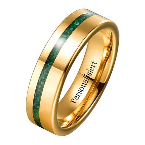 NUNCAD Personalisiert 6mm Ringe Gold Herren Damen Wolfram Ring mit Gravur Eheringe mit Grünem Malachit Vergoldeter Herrenring für Hochzeit, Versprechen, Alltag, Größe 60(19.1) von NUNCAD