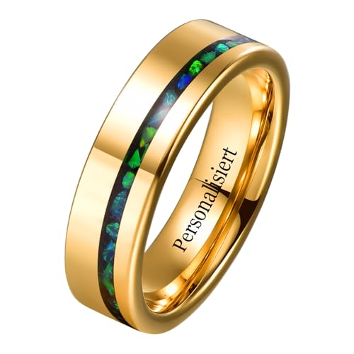 NUNCAD Personalisiert 6mm Ringe Gold Herren Damen Wolfram Ring mit Gravur Eheringe mit Grünem Opal Vergoldeter Herrenring für Hochzeit, Versprechen, Alltag, Größe 49.3(15.7) von NUNCAD