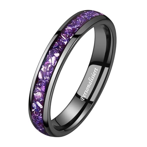 NUNCAD Personalisiert Ring Damen 4mm Schwarz Wolfram Ringe Kreierter Amethyst Inlay Eheringe Lila Partnerringe für Sie Kuppelstil Größe 60(19.1) von NUNCAD