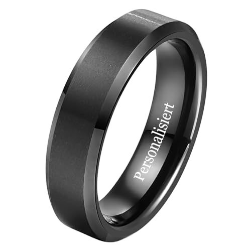 NUNCAD Personalisiert Ring Schwarz 6mm Herren Damen Wolfram Ringe Partnerring Einfache Eheringe mit Abgeschrägten Kanten Größe 70(22.3) von NUNCAD