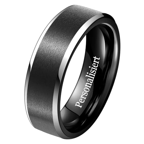 NUNCAD Personalisiert Ring Schwarz 8mm Herren Wolfram Ringe Partnerring Einfache Eheringe mit Silber Abgeschrägten Kanten Größe 68.5(21.8) von NUNCAD