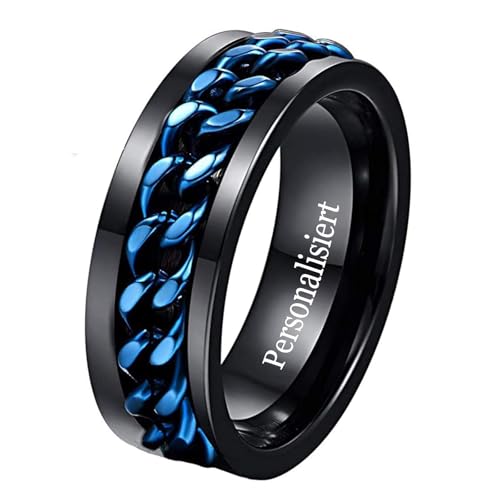 NUNCAD Personalisiert Ring Schwarz Herren 8mm Blau Spinnerring Zweifarbig Wolfram Eheringe mit Drehbar Kette Inlay Anxiety Ring für Männer Größe 62(19.7) von NUNCAD