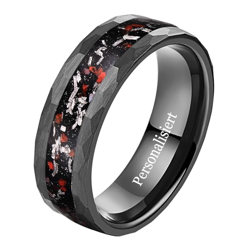 NUNCAD Personalisiert Ring Schwarz Herren 8mm Wolfram Ring mit Meteorit und Dinosaurier Knochen Gehämmerter Eheringe für Männer Größe 57(18.1) von NUNCAD