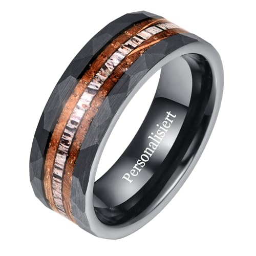 NUNCAD Personalisiert Ring Schwarz Herren Wolfram Eheringe 8mm Gehämmerter Männerring mit Whiskeyfass Holz und Hirschgeweih Größe 65(20.7) von NUNCAD