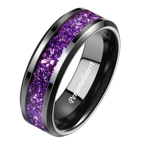NUNCAD Personalisiert Ringe Herren 8mm Wolfram Ring Schwarz Kreierter Amethyst Inlay Eheringe Lila Partnerringe für Ihn Abgeschrägte Kanten Größe 60(19.1) von NUNCAD