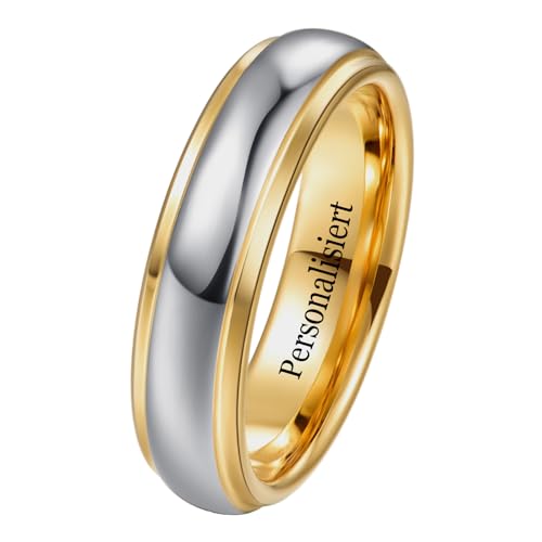 NUNCAD Personalisiert Ringe Silber 6mm Herren Damen Gold Wolfram Ring Zweifarbige Eheringe mit Abgestuften Kanten Kuppelring Größe 54.4(17.3) von NUNCAD