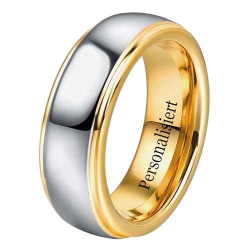 NUNCAD Personalisiert Ringe Silber 8mm Herren Gold Wolfram Ring Zweifarbige Eheringe mit Abgestuften Kanten Kuppelring Größe 52(16.6) von NUNCAD