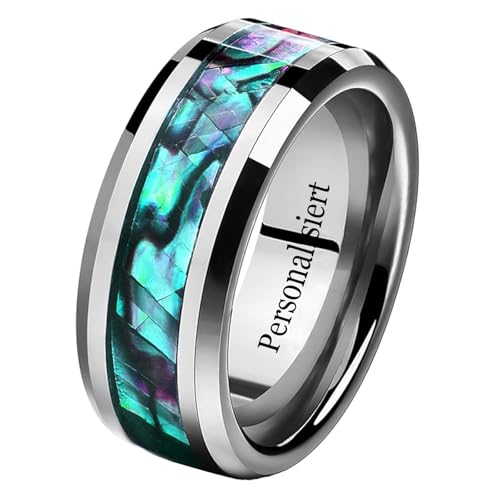NUNCAD Personalisiert Ringe Silber Herren 8mm Wolfram Ring Abalone-Muschel Inlay Eheringe mit Abgeschrägte Kanten für Männer Größe 68.5(21.8) von NUNCAD