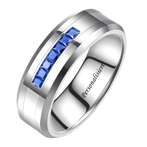NUNCAD Personalisiert Ringe Silber Herren Blau Zirkonia Eheringe 8mm Wolfram Ring für Männer Abgeschrägte Kanten Komfortable Passform Größe 65(20.7) von NUNCAD
