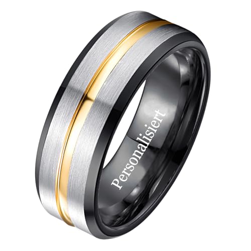 NUNCAD Personalisiert Wolfram Ring Herren 8mm Einfache Eheringe mit Gold Rille Schwarz-Silberne Ringe mit Abgeschrägten Rändern für Männer Größe 57(18.1) von NUNCAD