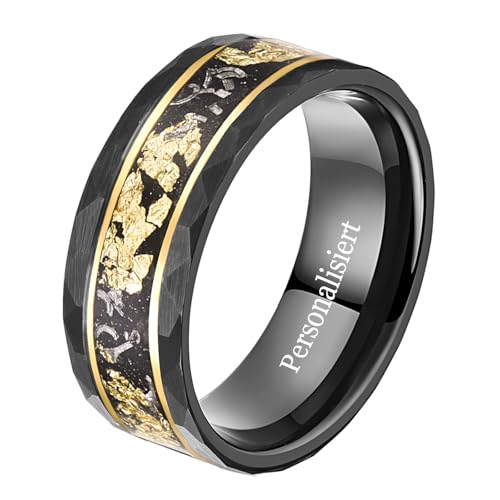 NUNCAD Personalisiert Wolfram Ring Schwarz 8mm Eheringe Herren mit Goldfolie und Meteorit Gehämmerter Männerring mit Doppelt Goldenen Linien Größe 54.4(17.3) von NUNCAD