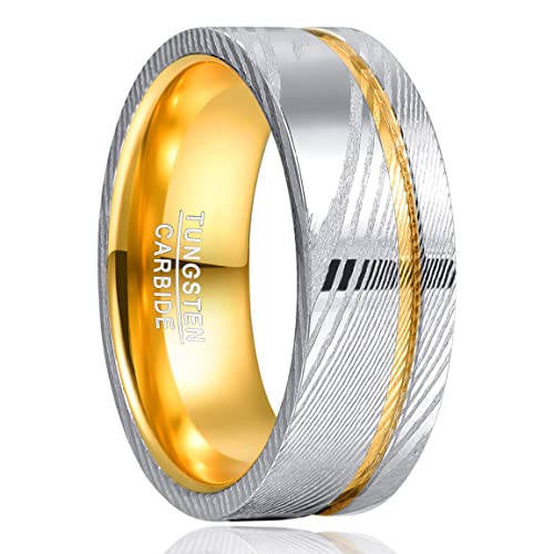 NUNCAD Ring Damast Herren Damen 8mm Gold Wolframring mit Rillen und Damaszener Stahl Eheringe Partnerringe Größe 54.4 (17.3) von NUNCAD