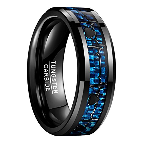 NUNCAD Wolframcarbid Ring Herren Damen Unisex 8mm Schwarz Ringe mit Herzschlag Blau Kohlefasern Hochzeitsring Verlobungsring Größe 57 (18.1) von NUNCAD