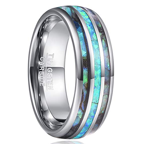NUNCAD Ring Damen/Herren Opal Grün + Muschel silber 8mm Unisex Wolfram Ring Comfort Fit Design für Hochzeit Alltag und Jahrestag Größe 54.4 (17.3) von NUNCAD