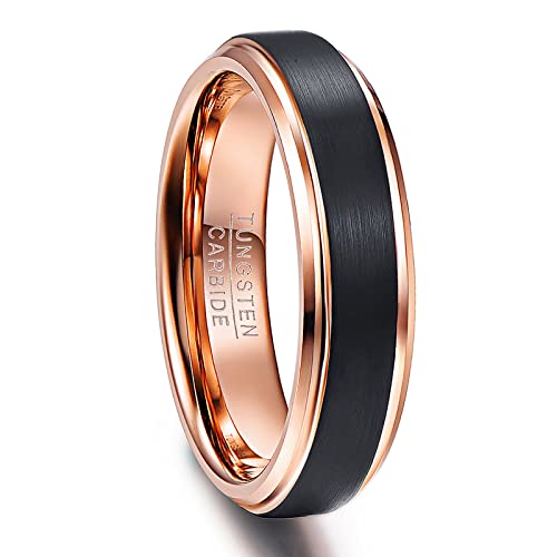 NUNCAD Ring Damen Rosegold 6mm mit Gebürsteter Oberfläche in Schwarz Unisex Fashion Ring aus Wolfram für Hochzeit Party und Alltag von NUNCAD
